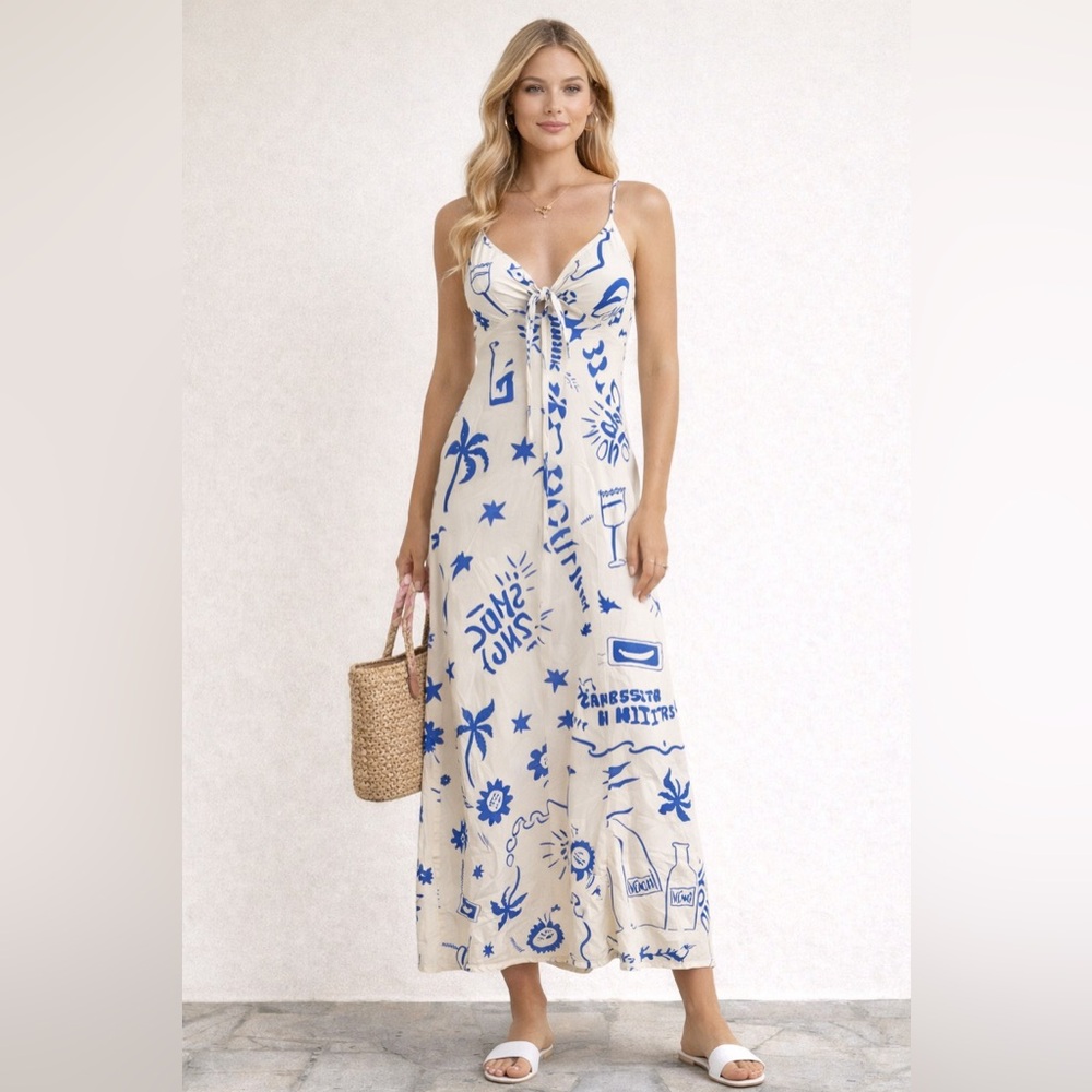 Paper Heart Blue White Print Tie Front Strappy Summer Resort Midi Dress